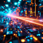 Et futuristisk digitalt printkort lyser med blå og orange lys og har lyse linjer, der repræsenterer dataflow og hastighed, i et højteknologisk, abstrakt miljø. - Kunstig intelligens AI