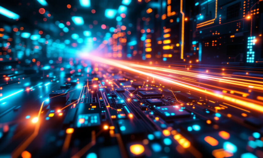Et futuristisk digitalt printkort lyser med blå og orange lys og har lyse linjer, der repræsenterer dataflow og hastighed, i et højteknologisk, abstrakt miljø. - Kunstig intelligens AI
