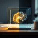 Et digitalt kunstværk viser en lysende hjernemodel af et neuralt netværk inde i en glaskube på et træbord med et kaffekrus i nærheden. Den venstre side af billedet er varm og gul, mens den højre side er kølig og blå. - Kunstig intelligens AI