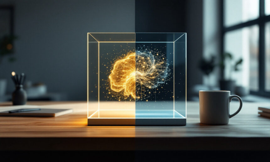 Et digitalt kunstværk viser en lysende hjernemodel af et neuralt netværk inde i en glaskube på et træbord med et kaffekrus i nærheden. Den venstre side af billedet er varm og gul, mens den højre side er kølig og blå. - Kunstig intelligens AI