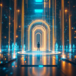 En person står foran en glødende, futuristisk buegang i en digital korridor omgivet af blå holografiske figurer og orange neonlys, som skaber en sci-fi virtual reality-atmosfære. - Kunstig intelligens AI