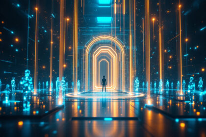 En person står foran en glødende, futuristisk buegang i en digital korridor omgivet af blå holografiske figurer og orange neonlys, som skaber en sci-fi virtual reality-atmosfære. - Kunstig intelligens AI
