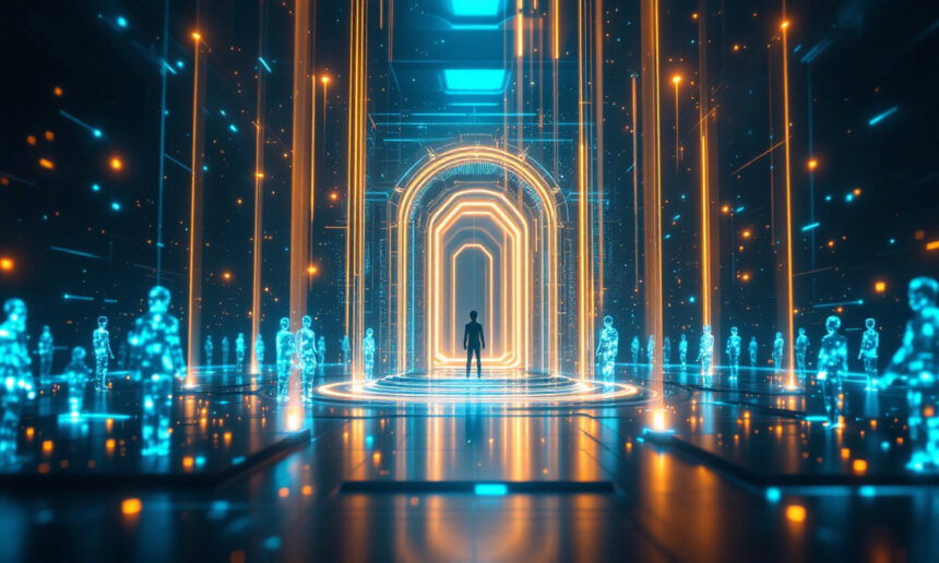 En person står foran en glødende, futuristisk buegang i en digital korridor omgivet af blå holografiske figurer og orange neonlys, som skaber en sci-fi virtual reality-atmosfære. - Kunstig intelligens AI