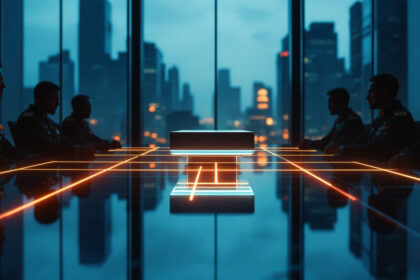 En gruppe mennesker i jakkesæt sidder omkring et slankt konferencebord med lysende orange linjer og vender ud mod en futuristisk central enhed i et højhuskontor med udsigt over en by i skumringen. - Kunstig intelligens AI