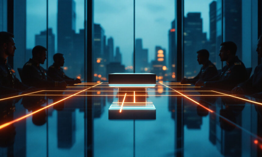 En gruppe mennesker i jakkesæt sidder omkring et slankt konferencebord med lysende orange linjer og vender ud mod en futuristisk central enhed i et højhuskontor med udsigt over en by i skumringen. - Kunstig intelligens AI