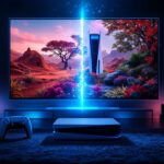 En moderne stue med et stort tv, der viser en livlig, farverig spilscene. Foran står en spillekonsol og en controller på et tæppe, omgivet af blød blå og pink belysning og planter. - Kunstig intelligens AI