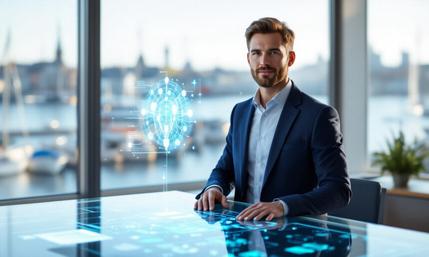 En mand i jakkesæt sidder ved et moderne glasskrivebord med digital interface-grafik, herunder et lysende netværksdiagram. Store vinduer bag ham afslører et bybillede ved havnefronten. - Kunstig intelligens AI