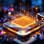 En glødende, futuristisk computerchip udsender lysglimt på en printplade, omgivet af elektroniske komponenter og briller, der symboliserer avanceret teknologi og innovation. - Kunstig intelligens AI
