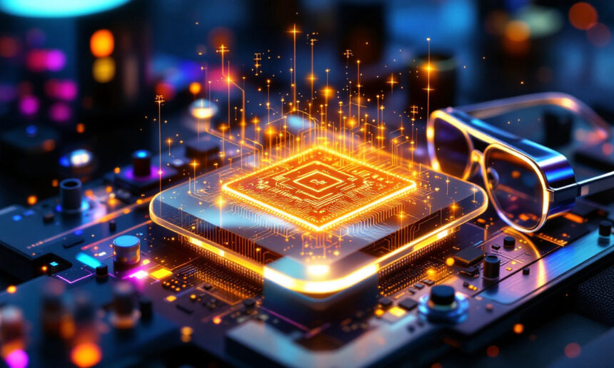 En glødende, futuristisk computerchip udsender lysglimt på en printplade, omgivet af elektroniske komponenter og briller, der symboliserer avanceret teknologi og innovation. - Kunstig intelligens AI