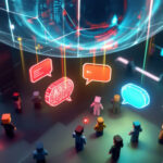 3D-illustration af små blokfigurer samlet under en glødende digital globus, omgivet af flydende holografiske talebobler i rød, orange og blå, der repræsenterer onlinekommunikation i et virtuelt metaverse-miljø. - Kunstig intelligens AI