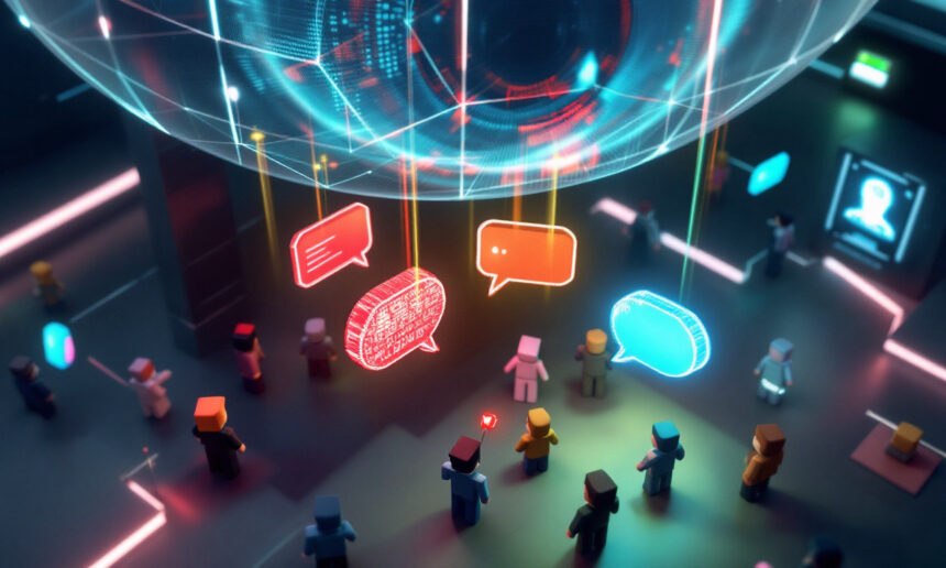 3D-illustration af små blokfigurer samlet under en glødende digital globus, omgivet af flydende holografiske talebobler i rød, orange og blå, der repræsenterer onlinekommunikation i et virtuelt metaverse-miljø. - Kunstig intelligens AI
