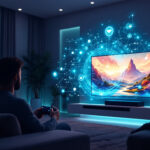 En person sidder i en sofa og spiller et videospil på et stort tv i en moderne, svagt oplyst stue. Virtuel grafik og ikoner flyder rundt på skærmen og antyder avanceret eller futuristisk spilteknologi. - Kunstig intelligens AI
