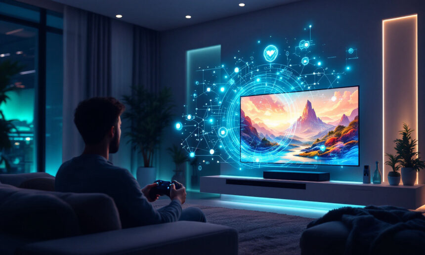 En person sidder i en sofa og spiller et videospil på et stort tv i en moderne, svagt oplyst stue. Virtuel grafik og ikoner flyder rundt på skærmen og antyder avanceret eller futuristisk spilteknologi. - Kunstig intelligens AI