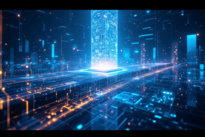 Et glødende, futuristisk blåt tårn rejser sig fra et digitalt bybillede med lysende kredsløb og datastrømme, der strækker sig ud over scenen og formidler avanceret teknologi og et højteknologisk virtuelt miljø. - Kunstig intelligens AI