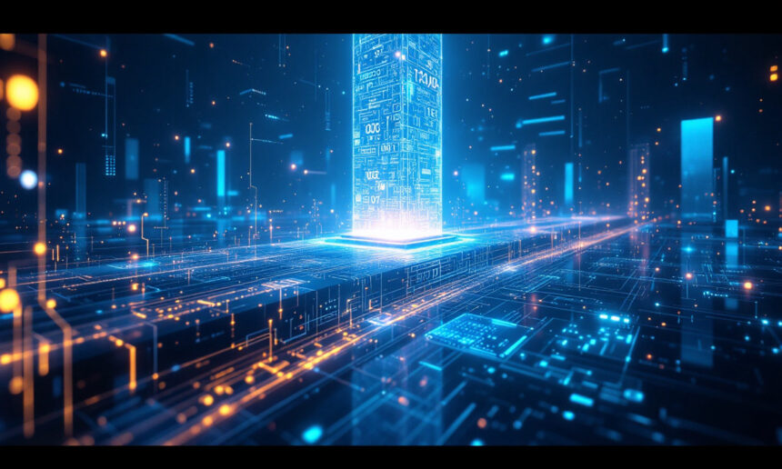 Et glødende, futuristisk blåt tårn rejser sig fra et digitalt bybillede med lysende kredsløb og datastrømme, der strækker sig ud over scenen og formidler avanceret teknologi og et højteknologisk virtuelt miljø. - Kunstig intelligens AI