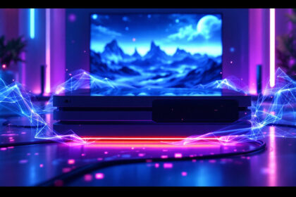 En spillekonsol står på et bord med glødende neonlys og holografiske effekter foran et tv, der viser et futuristisk bjerglandskab. Rummet er oplyst med levende blå og lilla nuancer. - Kunstig intelligens AI
