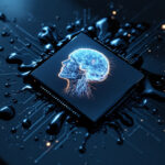En computerchip med lysende kredsløbslinjer viser en digital illustration af et menneskehoved og en hjerne, der symboliserer kunstig intelligens, omgivet af sort væske og indviklede elektroniske mønstre. - Kunstig intelligens AI