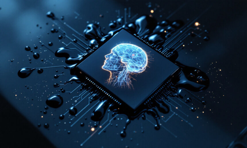 En computerchip med lysende kredsløbslinjer viser en digital illustration af et menneskehoved og en hjerne, der symboliserer kunstig intelligens, omgivet af sort væske og indviklede elektroniske mønstre. - Kunstig intelligens AI