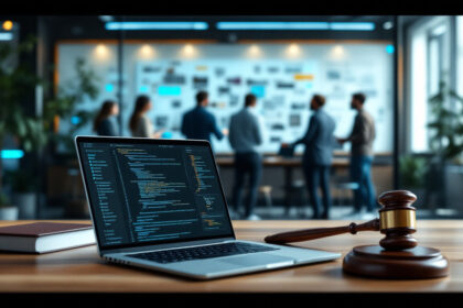 En bærbar computer med kode ligger på et skrivebord ved siden af en hammer og en bog, og i den slørede baggrund ses en gruppe mennesker, der diskuterer på et moderne kontor. - Kunstig intelligens AI