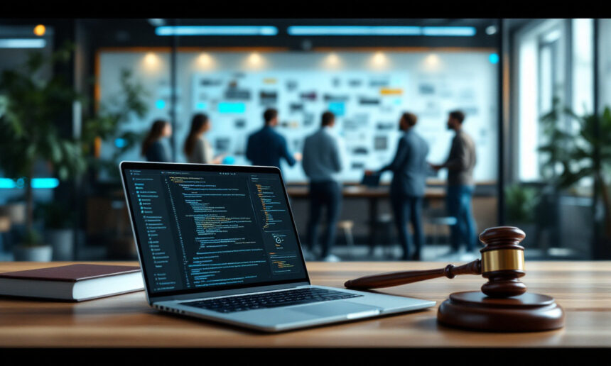 En bærbar computer med kode ligger på et skrivebord ved siden af en hammer og en bog, og i den slørede baggrund ses en gruppe mennesker, der diskuterer på et moderne kontor. - Kunstig intelligens AI