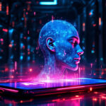 Et digitalt, lysende blåt menneskehoved lavet af data dukker op fra en smartphone, omgivet af neonlys og servere, der symboliserer kunstig intelligens og avanceret teknologi. - Kunstig intelligens AI