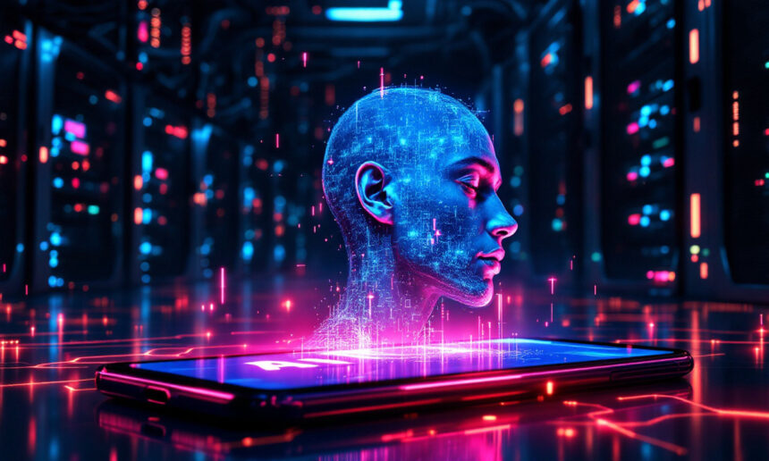 Et digitalt, lysende blåt menneskehoved lavet af data dukker op fra en smartphone, omgivet af neonlys og servere, der symboliserer kunstig intelligens og avanceret teknologi. - Kunstig intelligens AI