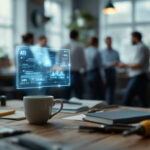 En kaffekop står på et skrivebord med notesbøger og en kuglepen, mens et holografisk AI-interface svæver over det; i den slørede baggrund diskuterer folk på et moderne, lyst kontor. - Kunstig intelligens AI