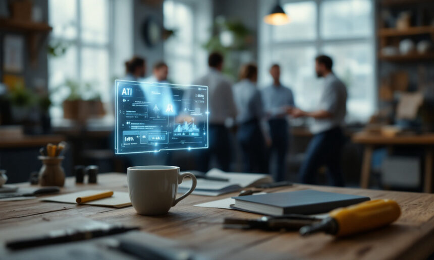 En kaffekop står på et skrivebord med notesbøger og en kuglepen, mens et holografisk AI-interface svæver over det; i den slørede baggrund diskuterer folk på et moderne, lyst kontor. - Kunstig intelligens AI