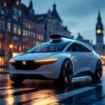 En elegant, futuristisk hvid bil med lysende lygter kører på en våd gade i skumringen, omgivet af historiske bygninger i europæisk stil og oplyste gadelamper. - Kunstig intelligens AI
