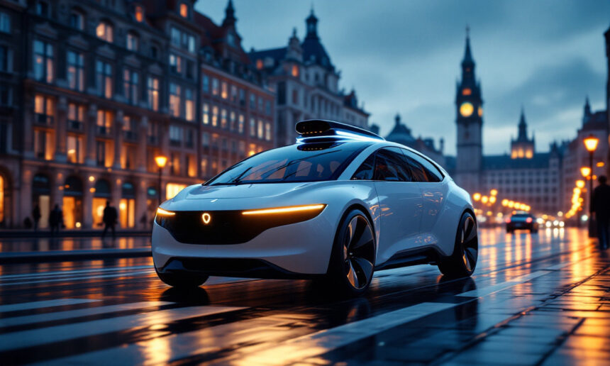 En elegant, futuristisk hvid bil med lysende lygter kører på en våd gade i skumringen, omgivet af historiske bygninger i europæisk stil og oplyste gadelamper. - Kunstig intelligens AI