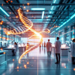 En lysende DNA-dobbelthelix svæver i forgrunden af et moderne laboratorium, hvor forskere i hvide kitler arbejder ved computere og laboratoriestationer under skarp, futuristisk belysning. - Kunstig intelligens AI
