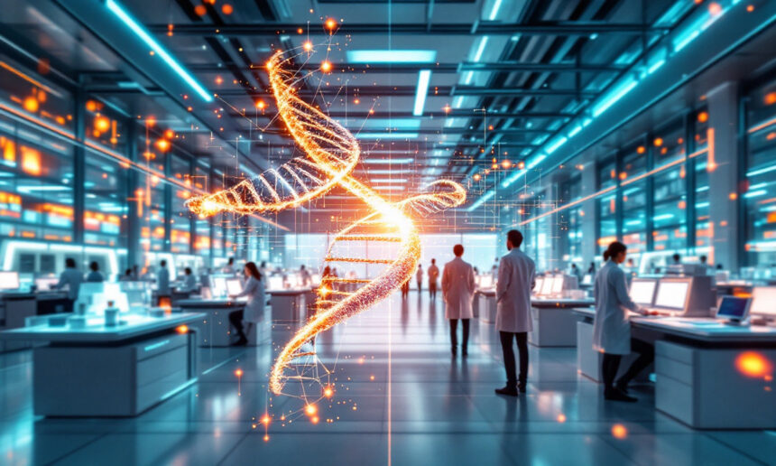 En lysende DNA-dobbelthelix svæver i forgrunden af et moderne laboratorium, hvor forskere i hvide kitler arbejder ved computere og laboratoriestationer under skarp, futuristisk belysning. - Kunstig intelligens AI