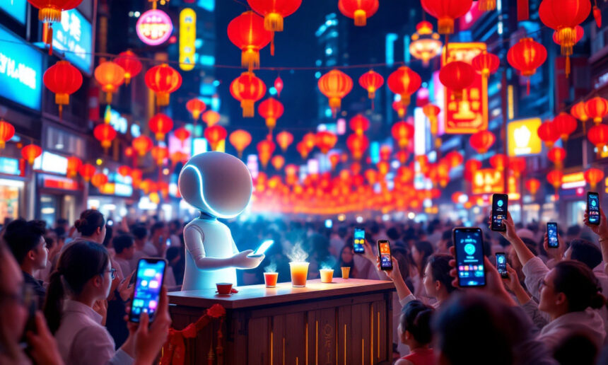 En venlig robot serverer drinks i en bod under en livlig natfestival med røde lanterner hængende over hovedet, mens masser af mennesker tager billeder og videoer med deres smartphones. - Kunstig intelligens AI