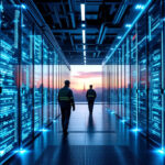 To personer går ned ad en korridor med lysende blå serverracks i et datacenter med et stort vindue for enden, der viser en solnedgang eller solopgang udenfor. - Kunstig intelligens AI