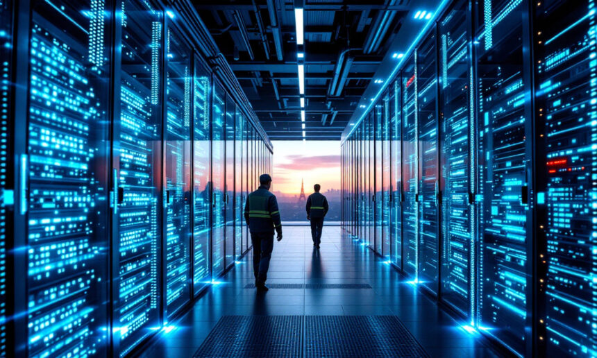 To personer går ned ad en korridor med lysende blå serverracks i et datacenter med et stort vindue for enden, der viser en solnedgang eller solopgang udenfor. - Kunstig intelligens AI