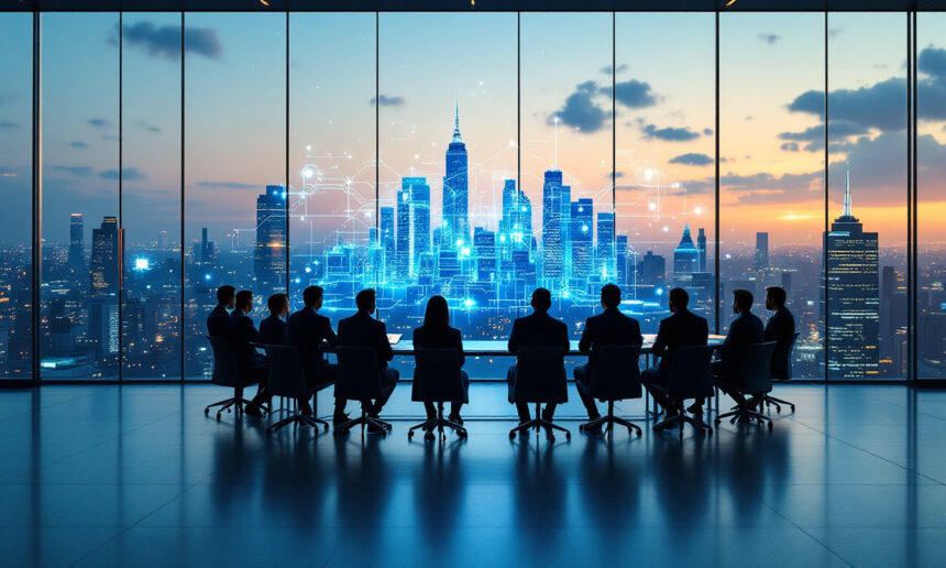 En gruppe mennesker sidder omkring et konferencebord i et moderne kontor med udsigt til store vinduer med byens skyline ved solnedgang. En digital illustration af et glødende, forbundet bynetværk overlejrer udsigten udenfor. - Kunstig intelligens AI