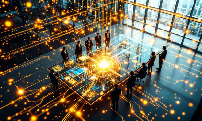 En gruppe forretningsfolk står omkring et stort, futuristisk digitalt bord, der viser lysende kredsløbsmønstre og data, som symboliserer teknologi og innovation i et moderne kontormiljø. - Kunstig intelligens AI