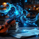 En violin hviler på stablede bøger ved siden af en åben bog, mens lysende blå digitale bølgeformer og forbindelser hvirvler rundt over dem i et varmt oplyst rum, der blander temaer som musik, viden og teknologi. - Kunstig intelligens AI