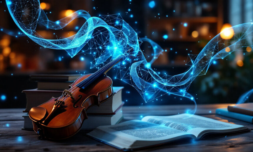 En violin hviler på stablede bøger ved siden af en åben bog, mens lysende blå digitale bølgeformer og forbindelser hvirvler rundt over dem i et varmt oplyst rum, der blander temaer som musik, viden og teknologi. - Kunstig intelligens AI