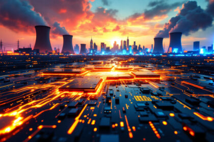 Et glødende printkort smelter sammen med en futuristisk byskyline ved solnedgang med tårnhøje bygninger, kraftværker og lyse kredsløbsmønstre, der symboliserer teknologi og urban energi. - Kunstig intelligens AI