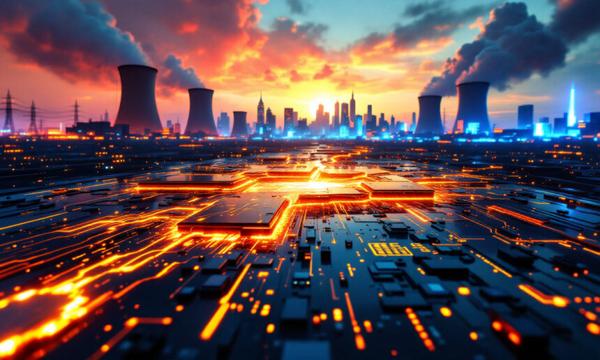 Et glødende printkort smelter sammen med en futuristisk byskyline ved solnedgang med tårnhøje bygninger, kraftværker og lyse kredsløbsmønstre, der symboliserer teknologi og urban energi. - Kunstig intelligens AI