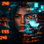 En kvinde i hijab kigger fremad, mens lysende digitale data og koder overlejrer hendes ansigt. To personer arbejder ved computerskærme i baggrunden, hvilket tyder på et højteknologisk eller cybersikkert miljø. - Kunstig intelligens AI
