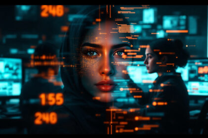 En kvinde i hijab kigger fremad, mens lysende digitale data og koder overlejrer hendes ansigt. To personer arbejder ved computerskærme i baggrunden, hvilket tyder på et højteknologisk eller cybersikkert miljø. - Kunstig intelligens AI