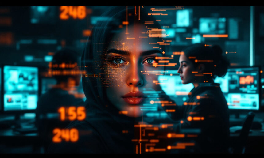En kvinde i hijab kigger fremad, mens lysende digitale data og koder overlejrer hendes ansigt. To personer arbejder ved computerskærme i baggrunden, hvilket tyder på et højteknologisk eller cybersikkert miljø. - Kunstig intelligens AI