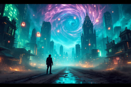 En ensom skikkelse med cowboyhat står på en øde gade i en futuristisk by med udsigt til lysende skyskrabere og en hvirvlende lilla hvirvel på himlen med flydende låseikoner spredt ud over hele scenen. - Kunstig intelligens AI