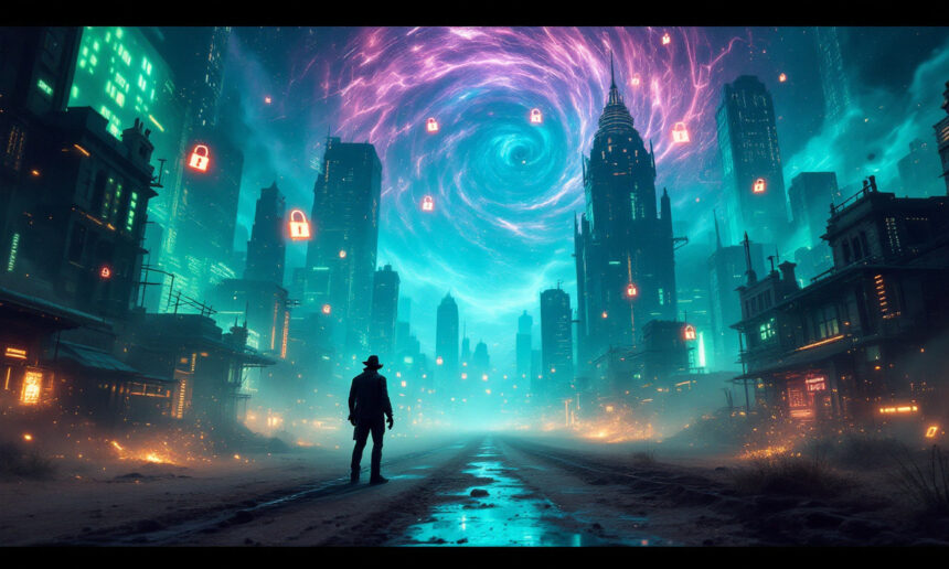 En ensom skikkelse med cowboyhat står på en øde gade i en futuristisk by med udsigt til lysende skyskrabere og en hvirvlende lilla hvirvel på himlen med flydende låseikoner spredt ud over hele scenen. - Kunstig intelligens AI