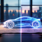 Et holografisk sportsvognsdesign vises over tegninger på et skrivebord i et moderne kontor. Billedet er delt og viser to forskellige bildesigns med en bys skyline synlig gennem store vinduer i baggrunden. - Kunstig intelligens AI