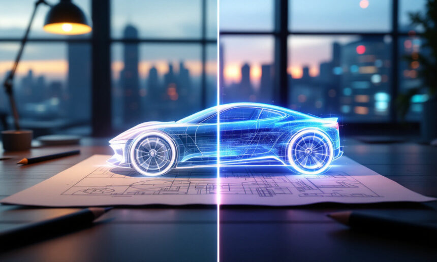 Et holografisk sportsvognsdesign vises over tegninger på et skrivebord i et moderne kontor. Billedet er delt og viser to forskellige bildesigns med en bys skyline synlig gennem store vinduer i baggrunden. - Kunstig intelligens AI