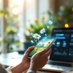 En kvinde holder en smartphone med margueritter, og virtuelle margueritter ser ud til at svæve fra skærmen. På skrivebordet står en bærbar computer med datagrammer, og baggrunden er fyldt med sollys og blomster. - Kunstig intelligens AI