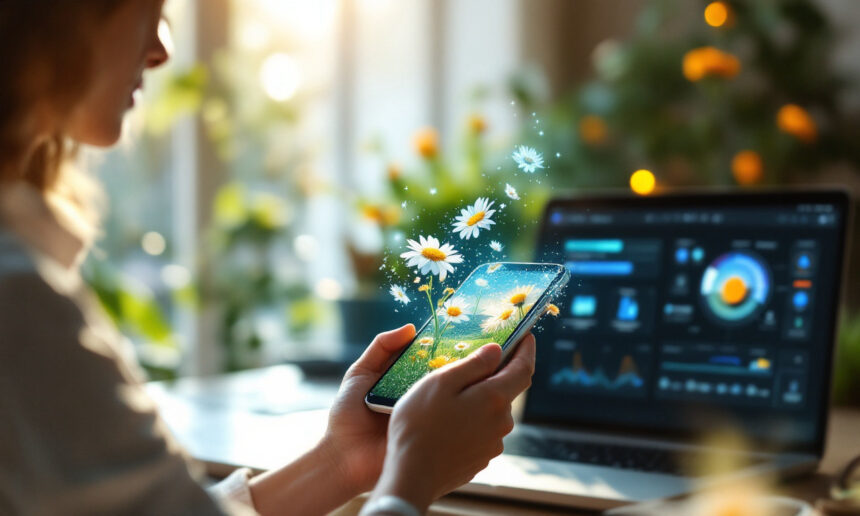 En kvinde holder en smartphone med margueritter, og virtuelle margueritter ser ud til at svæve fra skærmen. På skrivebordet står en bærbar computer med datagrammer, og baggrunden er fyldt med sollys og blomster. - Kunstig intelligens AI